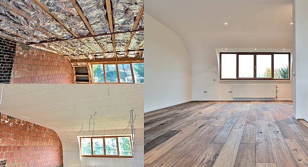 construction of the wooden frame of a roof Fiberglass insulation installed in the sloping ceiling of a house. Construction of Drywall-Plasterboard Before and after